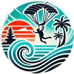 Logo The Skydive Bali — siluet penerjun di atas ombak dan pantai Bali
