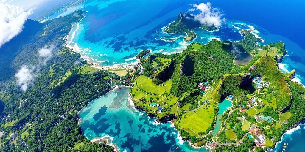 Penggambaran skydiving dengan pemandangan indah di Bali.