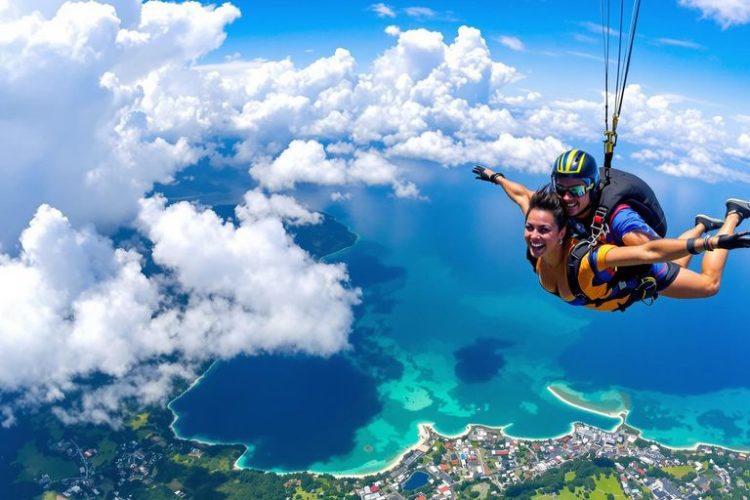 Skydiver over Bali's coastline with vibrant blue sea.